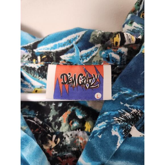 Vintage D'em Crazy Hawaiian Shirt Size Large Blue Ocean Fish Print Button Front - Picture 2 of 7